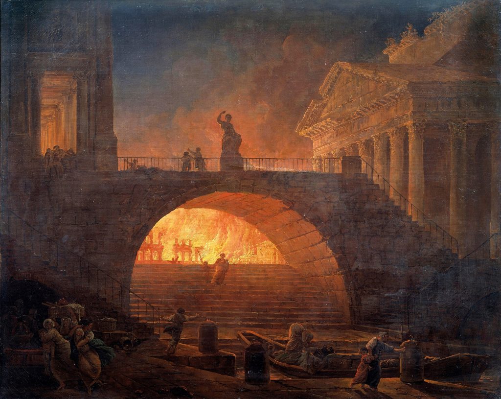 The Fire of Rome, 64 CE’ – romanticized 18th-century painting by Hubert Robert capturing the apocalyptic blaze.