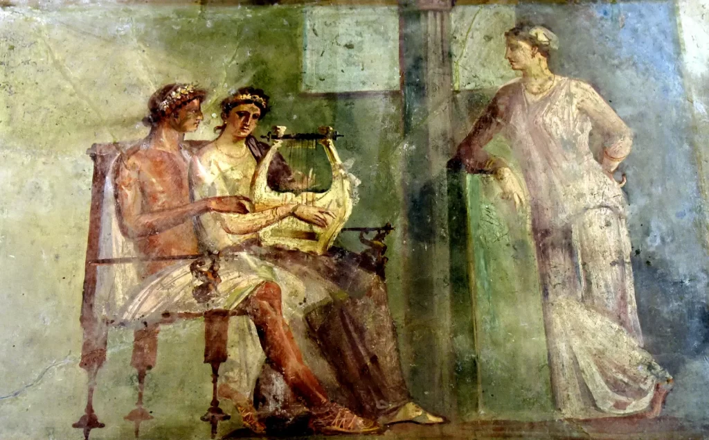 Wall painting from Pompeii depicting musicians with a lyre—reflecting the type of performances Nero favored.