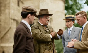 Theodore Roosevelt speaking with three men, likely reporters
